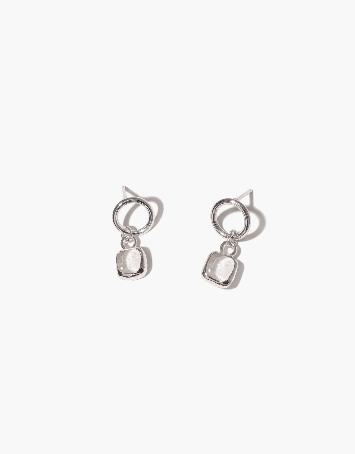 Square Dangling Earrings in sterling silver, featuring eco-conscious charms crafted from repurposed glass. Sold as a pair with handmade, unique designs reflecting CLED's commitment to sustainable jewelry.