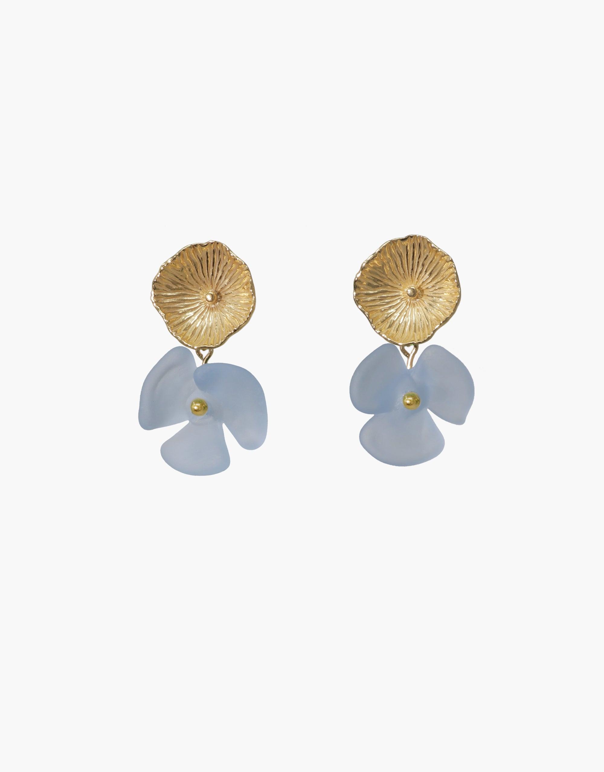 Periwinkle Single Earrings featuring gold flower studs with light blue glass petal drops. Handcrafted eco-friendly jewelry made from repurposed glass bottles. Sustainable and elegant design by CLED.