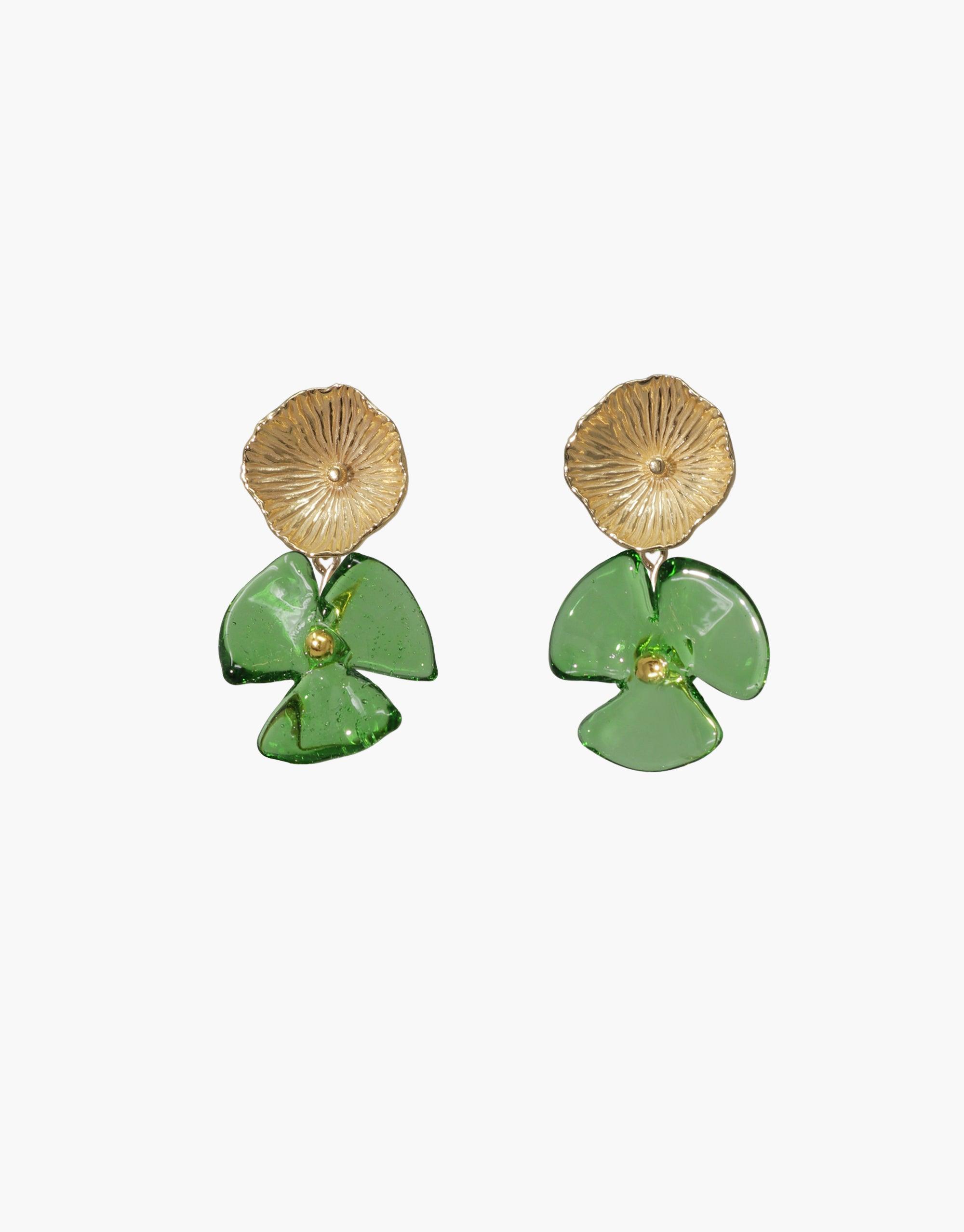 Handcrafted Periwinkle Single Earrings featuring gold-toned circular studs with green glass petal drops, showcasing eco-friendly design and elegant craftsmanship. Unique flower-inspired jewelry piece by CLED.