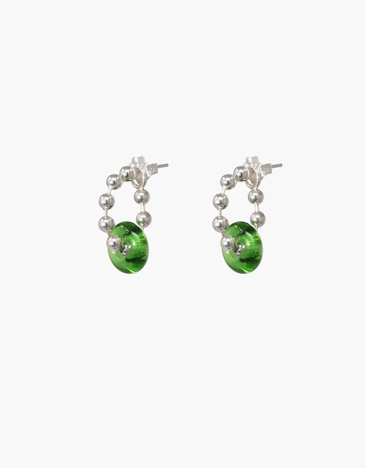 Donut Ball Hoop Earrings featuring silver beaded hoops with vibrant green eco gem pendants, showcasing sustainable elegance and prismatic beauty. Handcrafted jewelry inspired by rays of light, perfect for eco-conscious fashion lovers. CLED