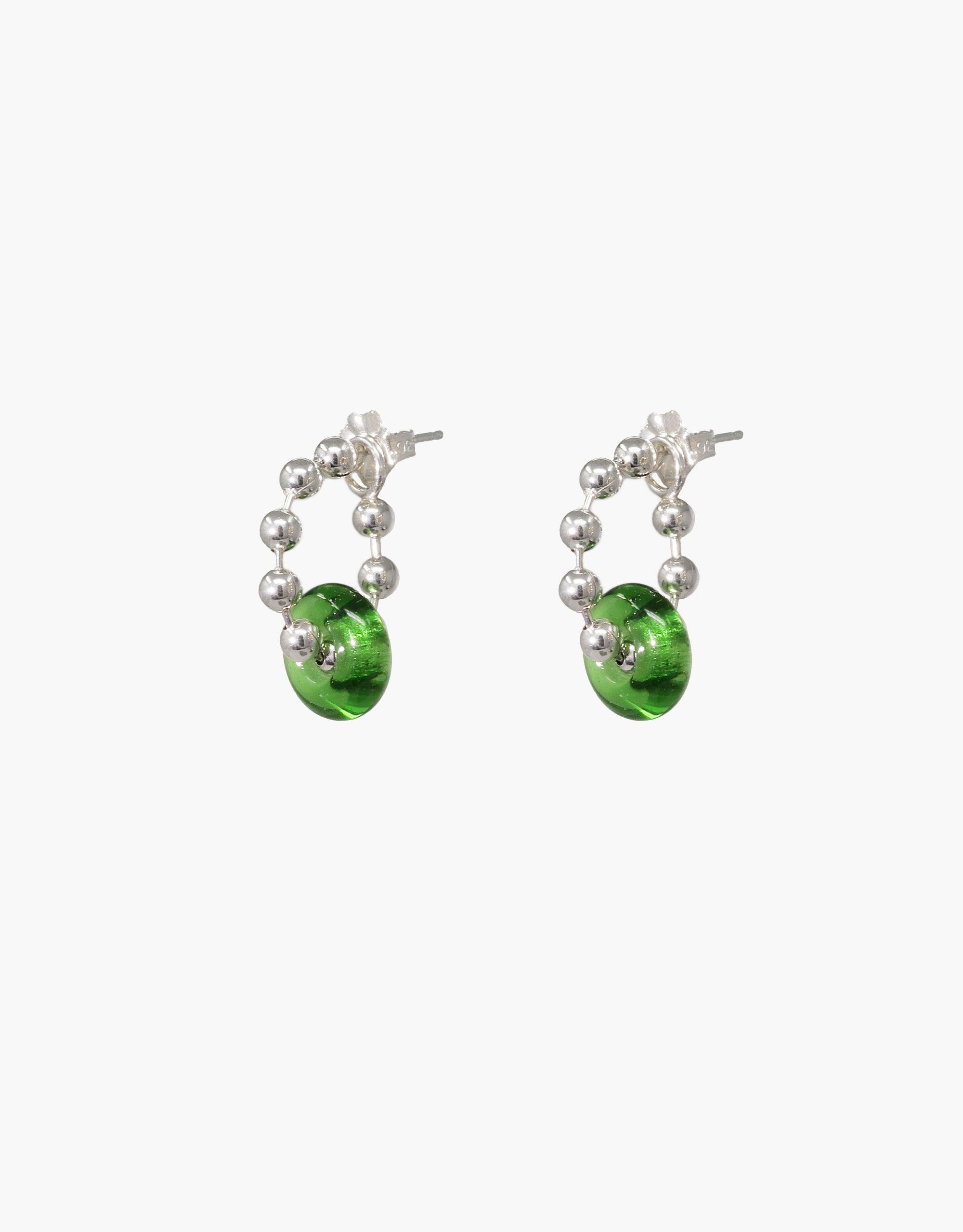 Donut Ball Hoop Earrings featuring silver beaded hoops with vibrant green eco gem pendants, showcasing sustainable elegance and prismatic beauty. Handcrafted jewelry inspired by rays of light, perfect for eco-conscious fashion lovers. CLED