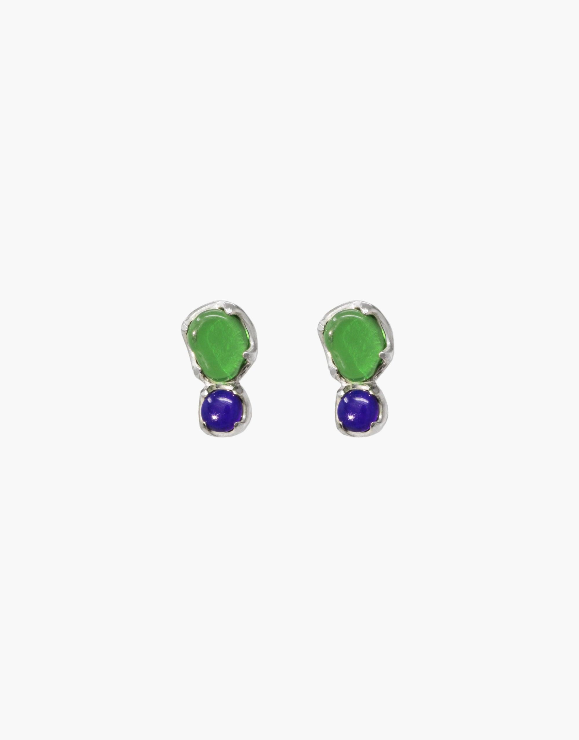 Duo Beam Earrings featuring green and blue eco gems upcycled from discarded glass, set in silver. Elegant stud design with two contrasting colors. Handmade sustainable jewelry representing prismatic light refraction. Unique and eco-friendly accessories by CLED.