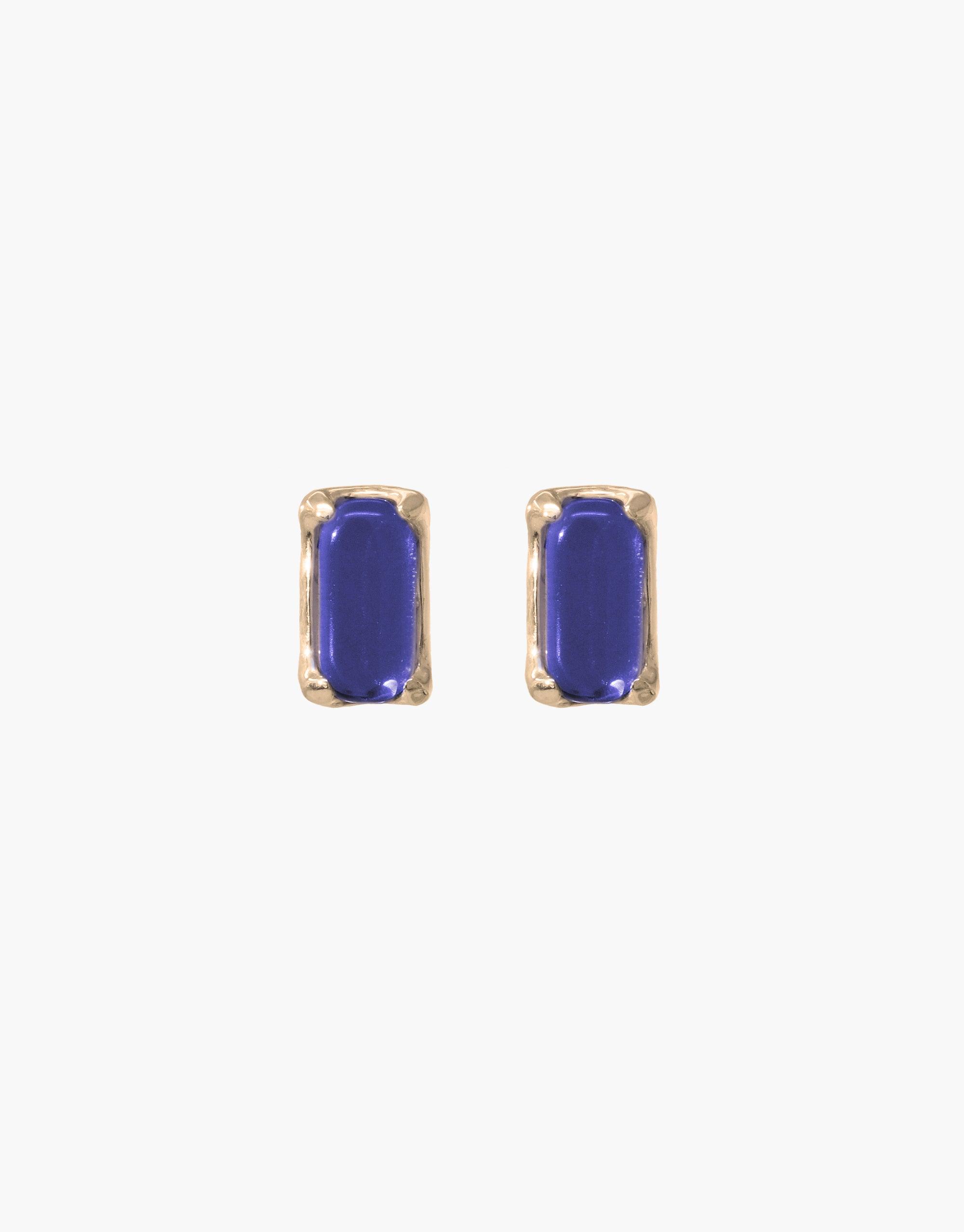 Prism Earrings featuring vibrant blue rectangular eco gems set in gold-toned metal. Elegant, sustainable jewelry design showcasing upcycled glass in a minimalist style. Handcrafted earrings perfect for adding a pop of color to any outfit. CLED