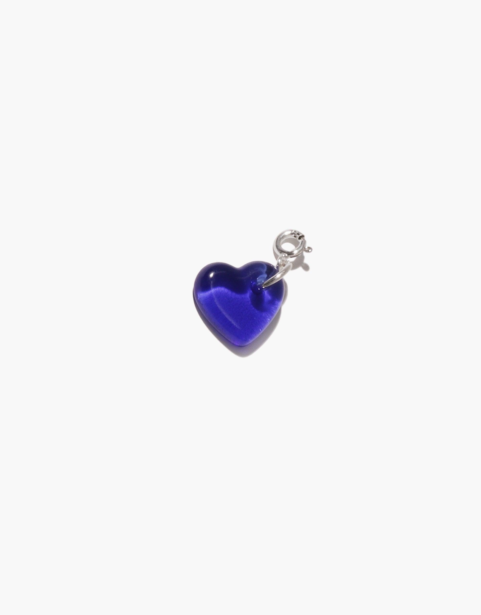 Vibrant blue heart-shaped charm made from upcycled glass, attached to a silver metal clasp. Eco-friendly jewelry piece for necklaces or bracelets. Handmade accessory showcasing sustainable design. Heart | Icon Charm by CLED