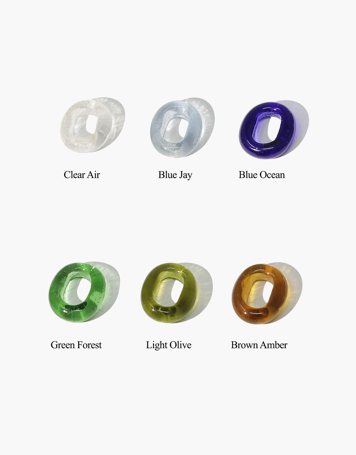 Six eco gem color options for In The Loop Hoops | Small, including Clear Air, Blue Jay, Blue Ocean, Green Forest, Light Olive, and Brown Amber. Handcrafted from repurposed glass bottles, these sustainable jewelry pieces showcase CLED's commitment to eco-friendly fashion.