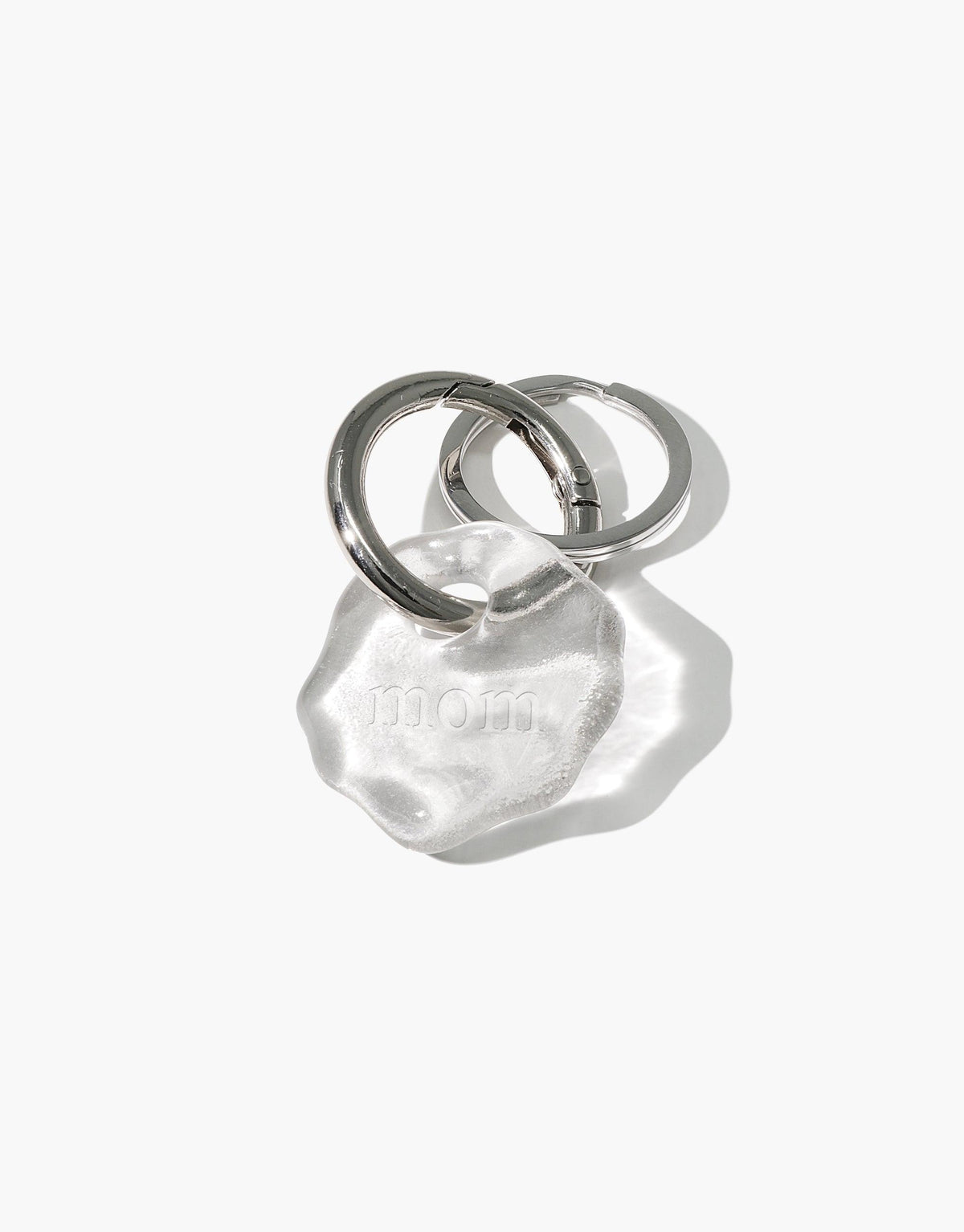 Personalized Messenger Keyring with clear eco gem charm engraved with 'mom', attached to stainless steel ring. Handmade sustainable accessory for sharing love and thoughts. Messenger Keyring | Personalized by CLED