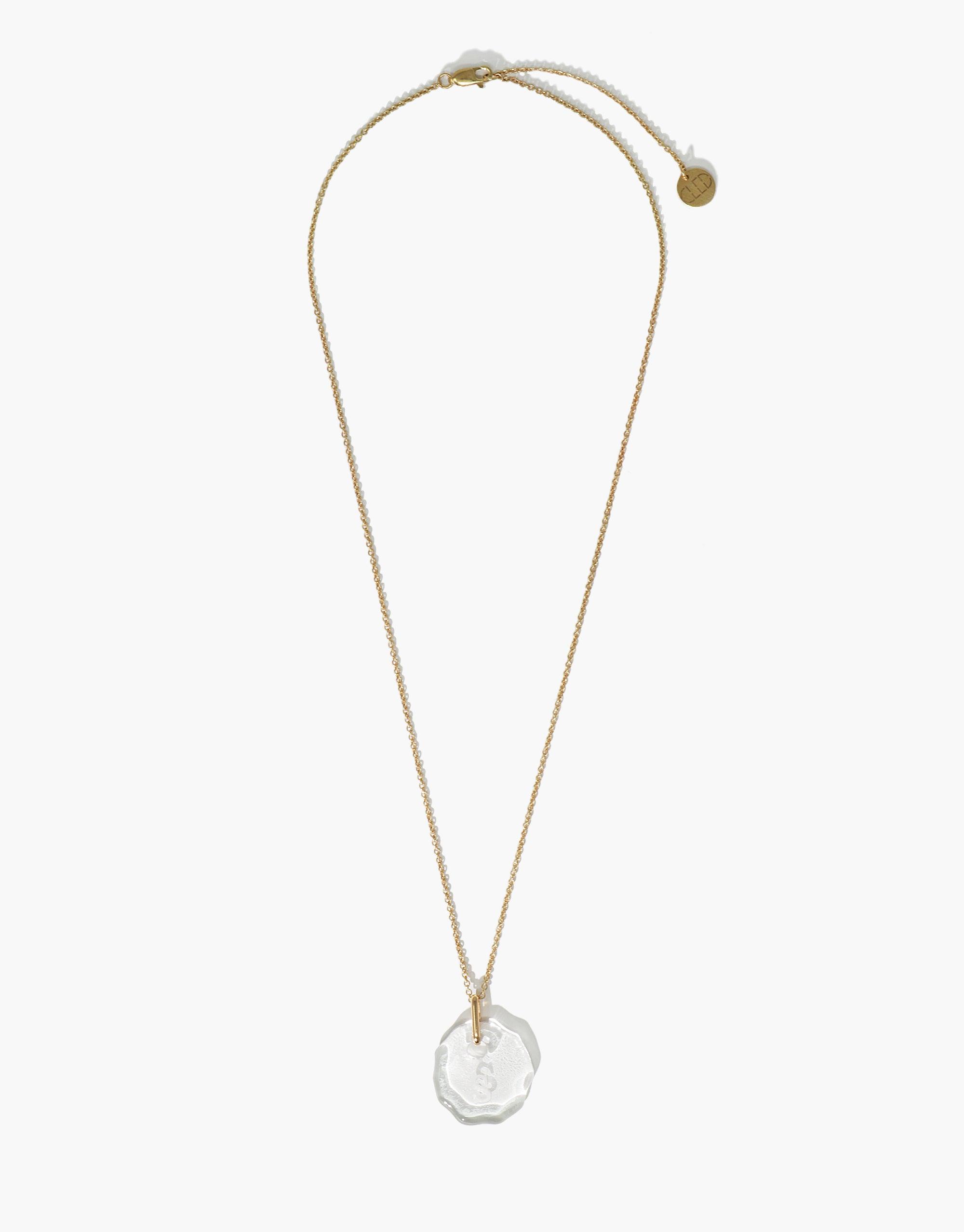 Elegant Messenger Necklace with clear eco gem pendant on gold vermeil chain, featuring adjustable length and personalized engraving option. Handcrafted sustainable jewelry piece from the Messenger Collection by CLED. Messenger Necklace | Clear Engraving.