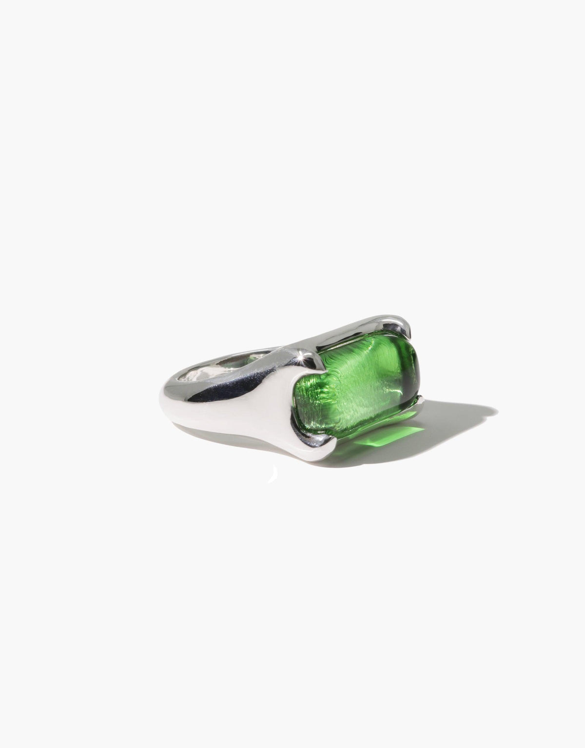 Prism Ring in Sterling Silver featuring a rectangular green eco gem upcycled from discarded glass, set in a sleek modern design. Handcrafted sustainable jewelry by CLED.