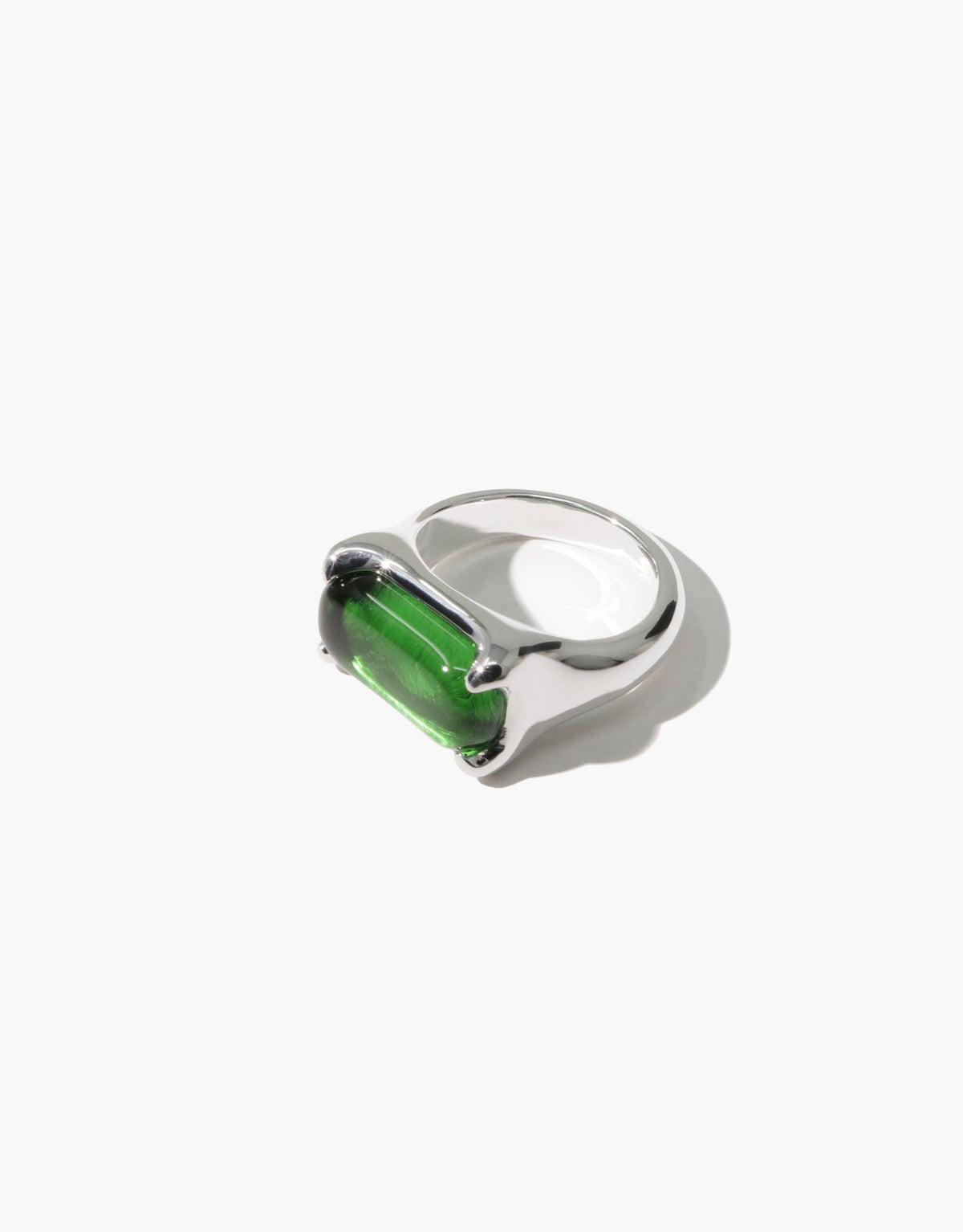 Silver ring with rectangular green eco gem centerpiece, showcasing CLED's sustainable jewelry design. Prism Ring | Gold Plated by CLED