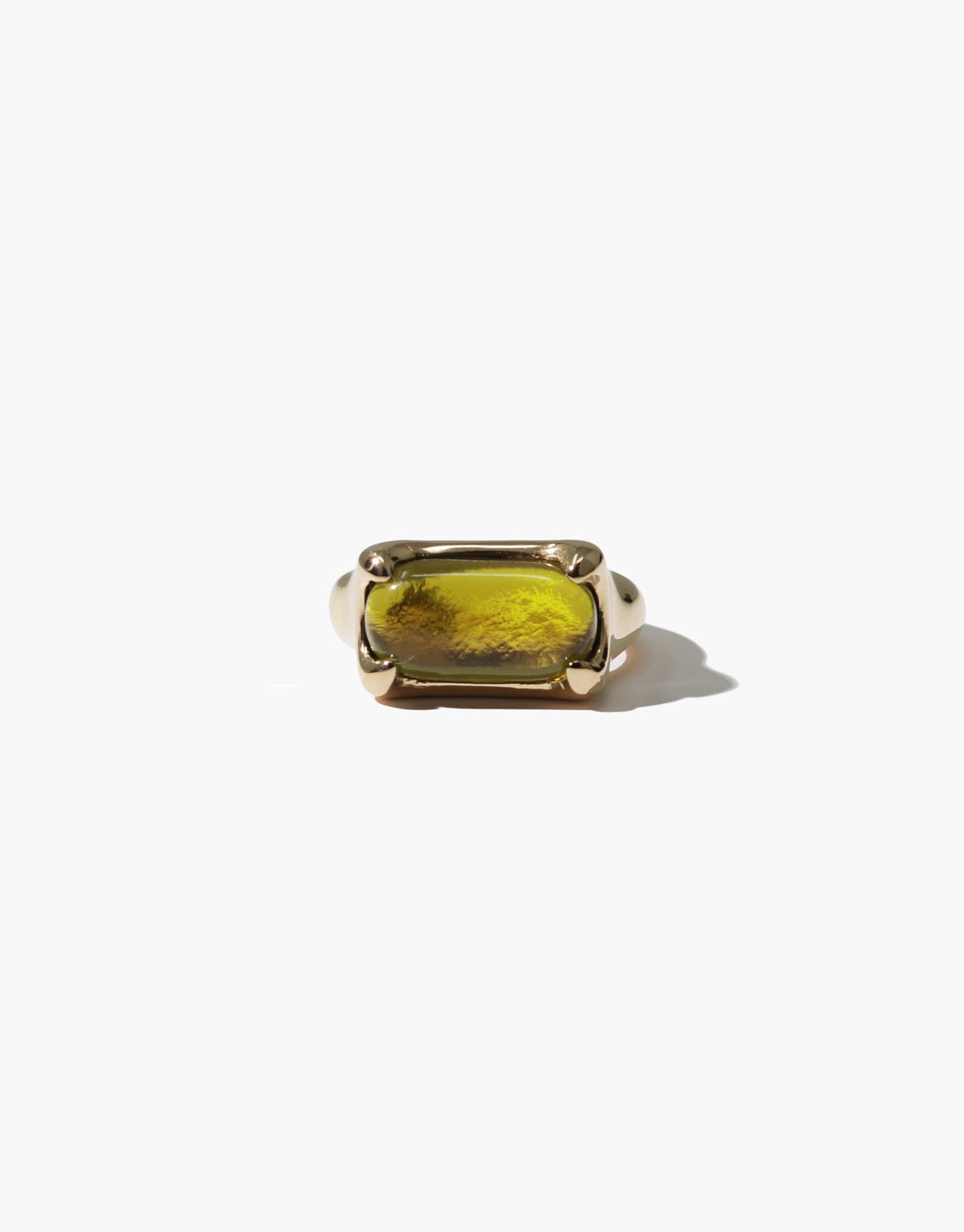 Sterling silver ring featuring a rectangular yellow eco gem repurposed from discarded glass, showcasing prism-like spectral colors. Handcrafted design inspired by natural light refraction. Prism Ring | Sterling Silver by CLED