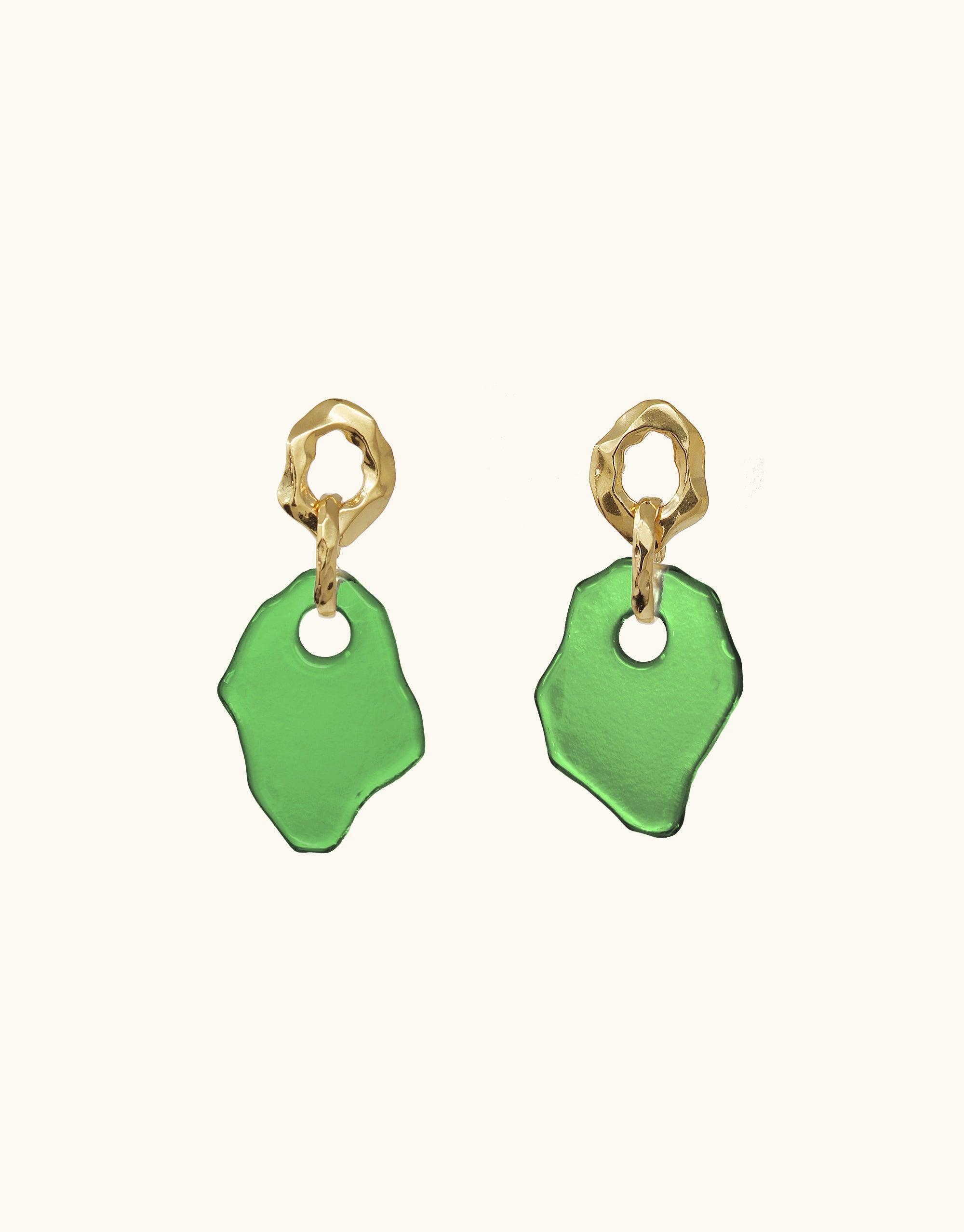 Elegant Canyon Earrings featuring gold-toned organic shapes with vibrant green glass pendants. Handcrafted eco-friendly jewelry inspired by canyon terrain. Unique design showcases repurposed glass bottles. Stylish and sustainable accessories by CLED.