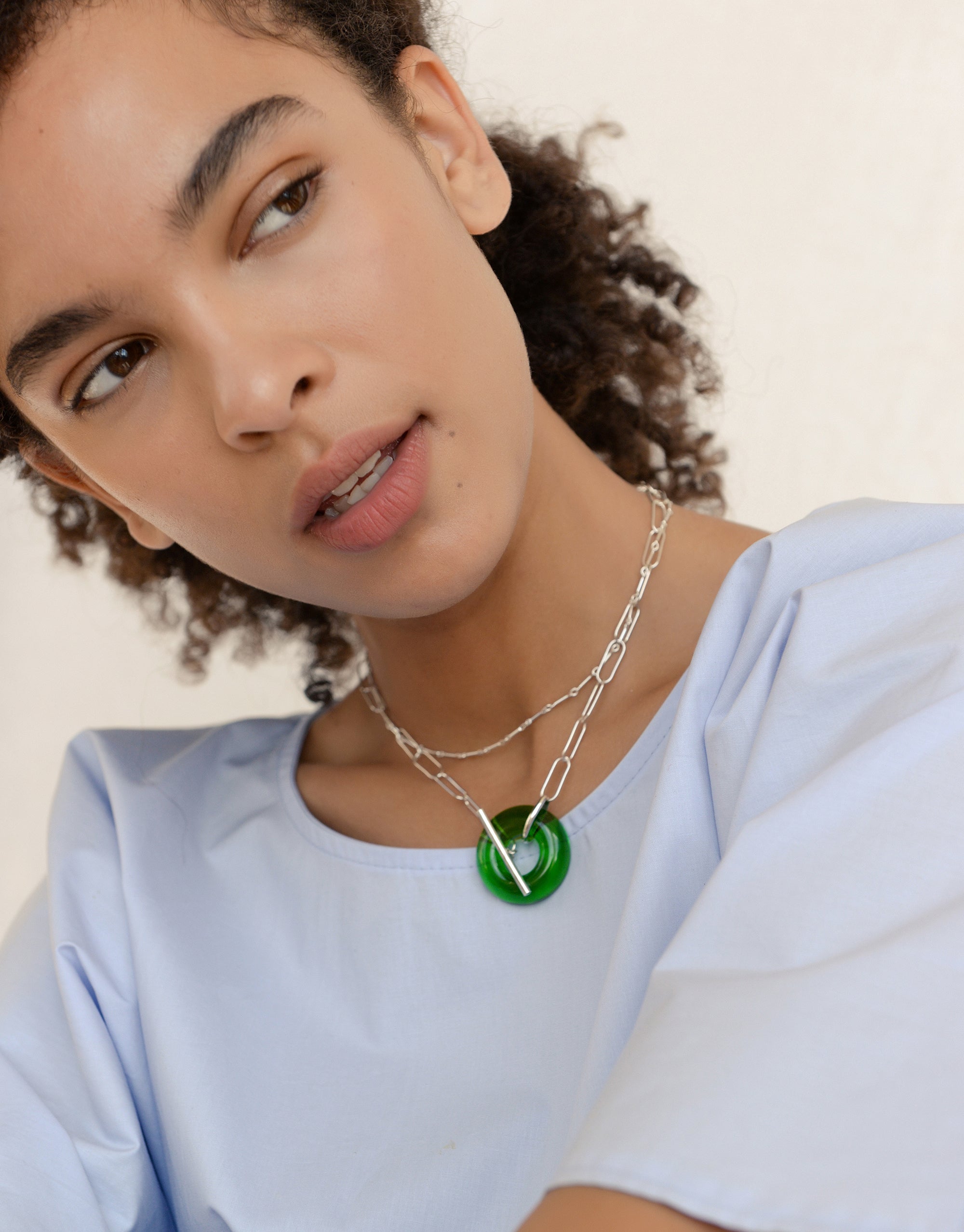 CLED Eco Conscious Sustainable upcycled jewelry made from Eco Gems and sterling silver from recycled glass | The Day Torus Necklace