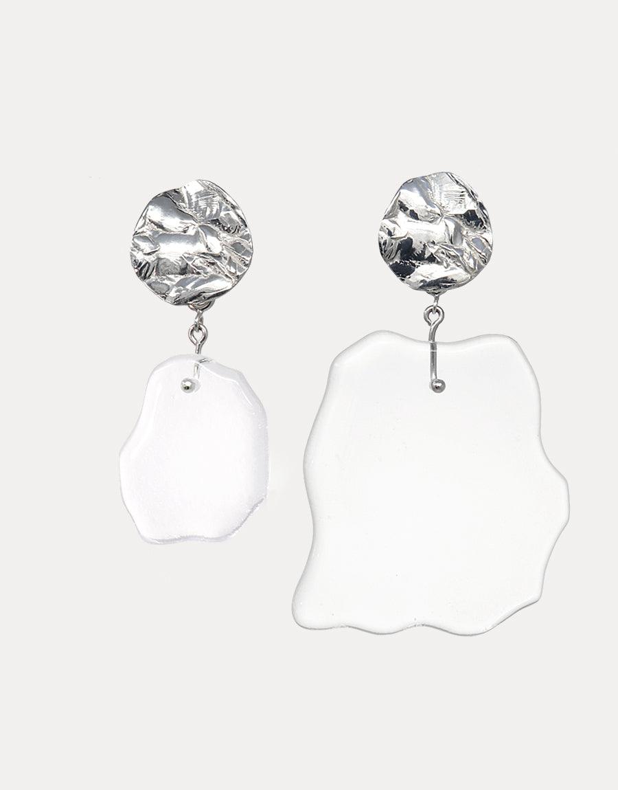 Coastline Earrings | Small Drop featuring textured silver studs with irregular white glass pendants. Handcrafted eco-friendly jewelry inspired by coastal shapes. Sterling silver earrings with repurposed glass elements. Sustainable and stylish accessories by CLED.
