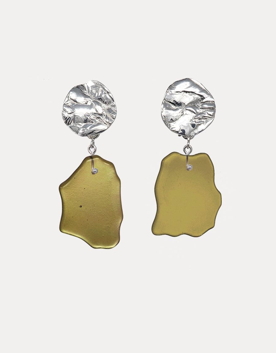 Coastline Earrings | Small Drop featuring textured silver discs with irregular yellow glass pendants. Handcrafted eco-friendly earrings inspired by coastal shapes. Sterling silver and repurposed glass. Sustainable jewelry design by CLED.