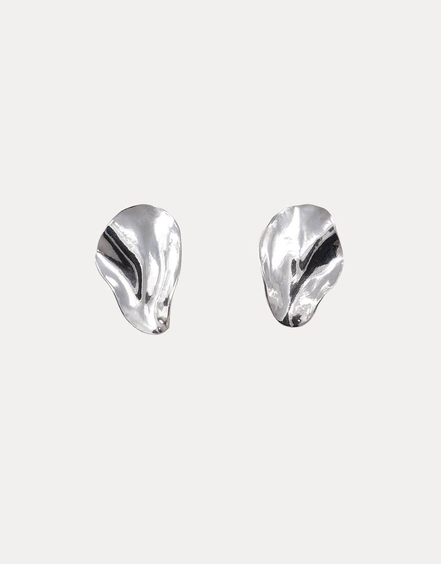 Wave Earrings: Shiny, sterling silver earrings with a wavy, organic shape, embodying a nature-inspired, artful look. Sold as a pair, they measure 1.25 inches in length.
