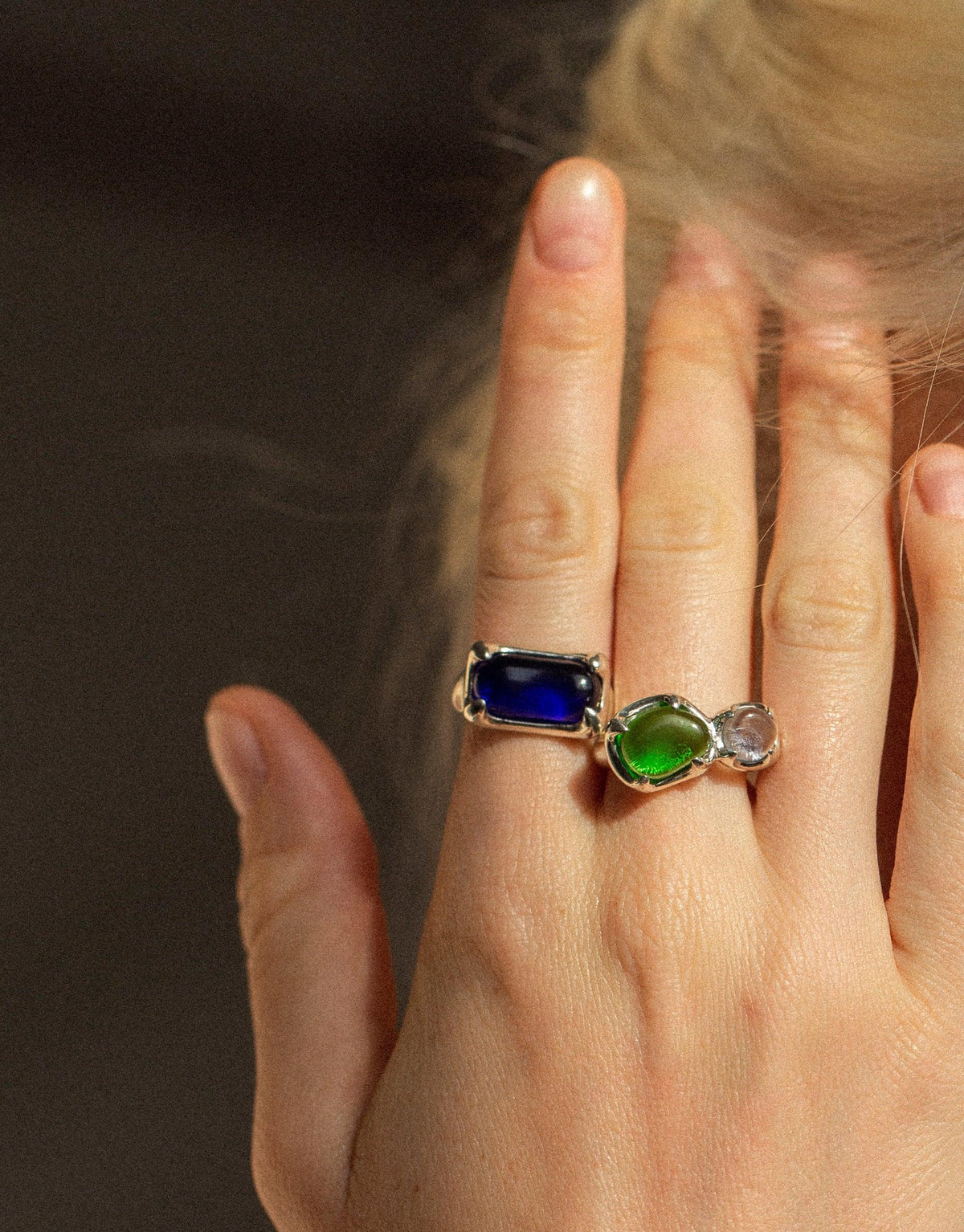 Gold plated Prism Ring featuring vibrant eco gems in blue and green, showcasing sustainable luxury. Handcrafted design inspired by prismatic light refraction, perfect for eco-conscious fashion lovers. Unique CLED creation, Prism Ring | Gold Plated.