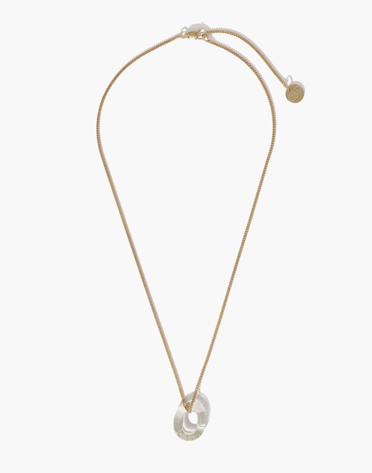Elegant In The Loop Necklace featuring a delicate gold chain with a transparent eco-friendly glass pendant in a minimal loop design. Adjustable length for versatile styling. Handcrafted sustainable jewelry piece by CLED.