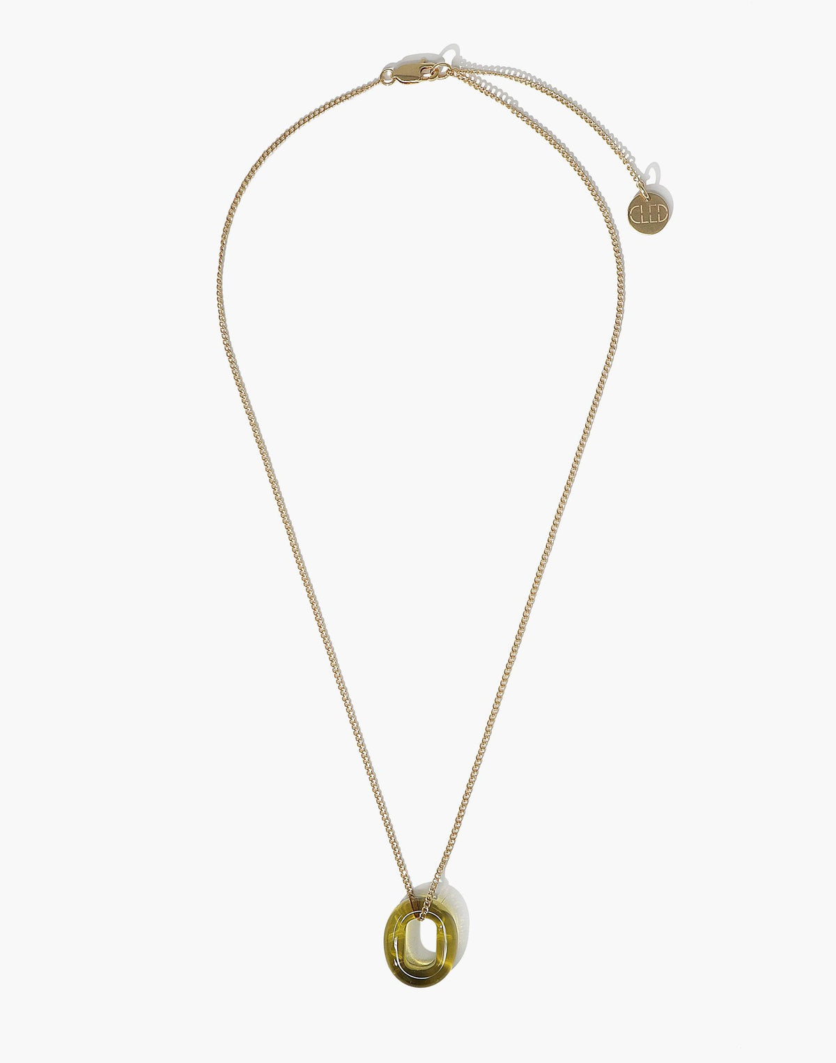 Gold-toned chain necklace with adjustable length featuring a green glass loop pendant, part of the Minimal Collection. Handmade eco-friendly jewelry piece showcasing repurposed glass. In The Loop Necklace by CLED