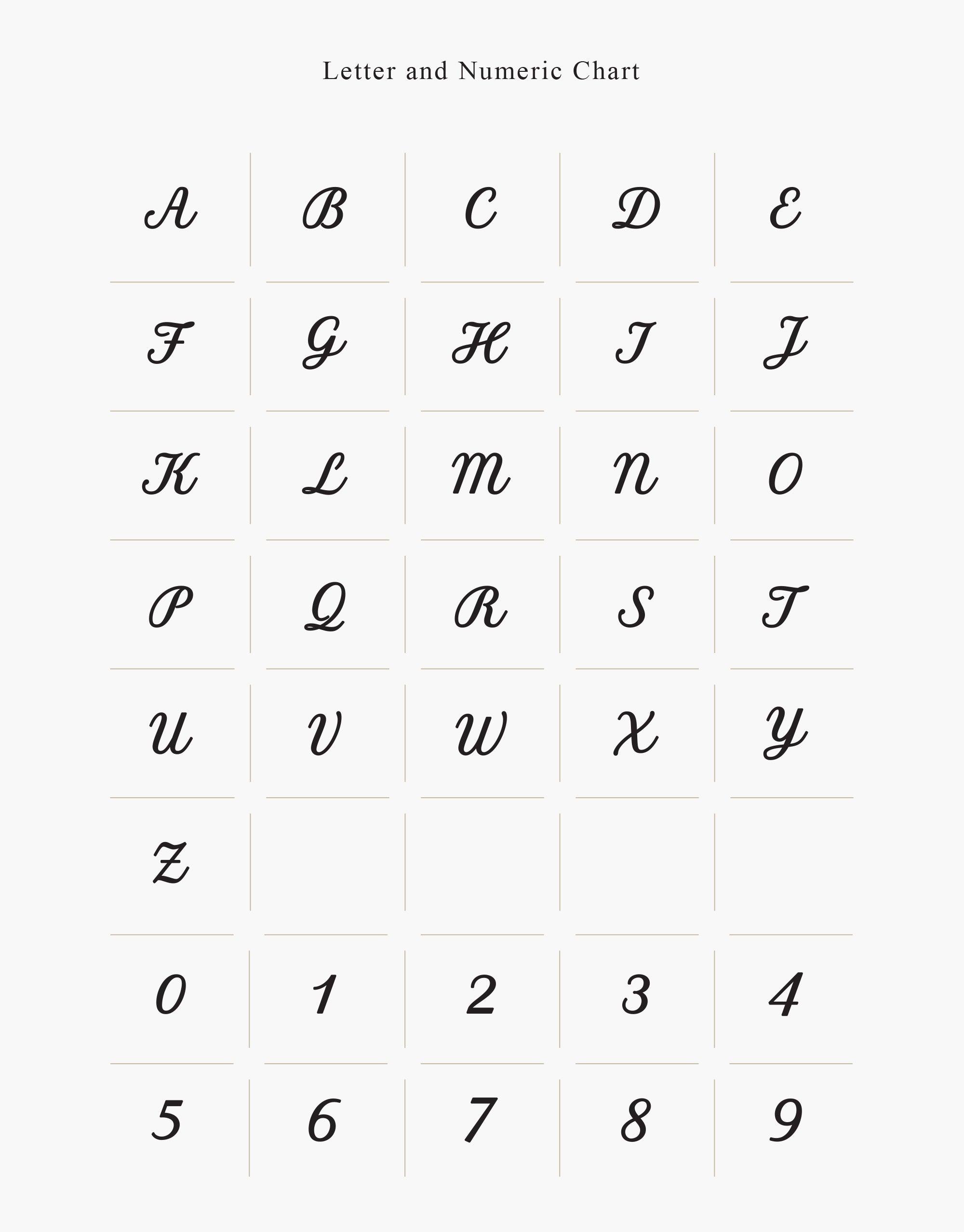Letter and numeric chart displaying elegant cursive uppercase alphabet from A to Z and numbers 0 to 9 in a grid format. Ideal for handwriting reference or personalization options for Heart | Icon Charm by CLED.